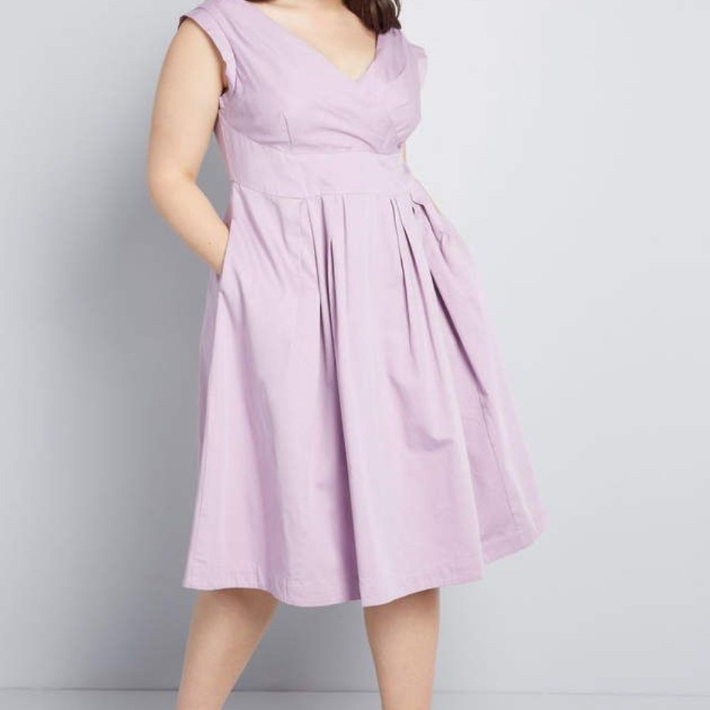Modcloth x Emily and Fin surplice Keener Postures A-Line Dress lavender